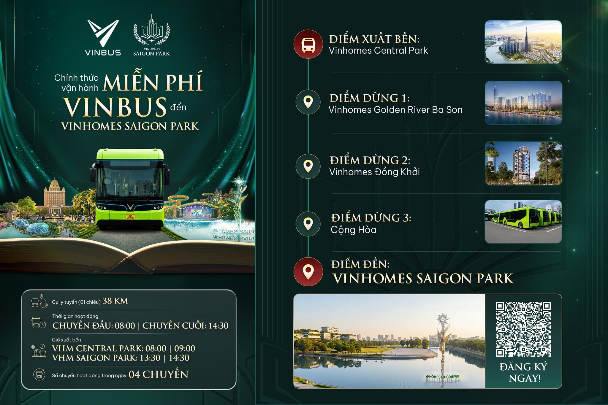 Xe buýt điện miễn phí đi từ Vinhomes Central Park đến Saigon Park